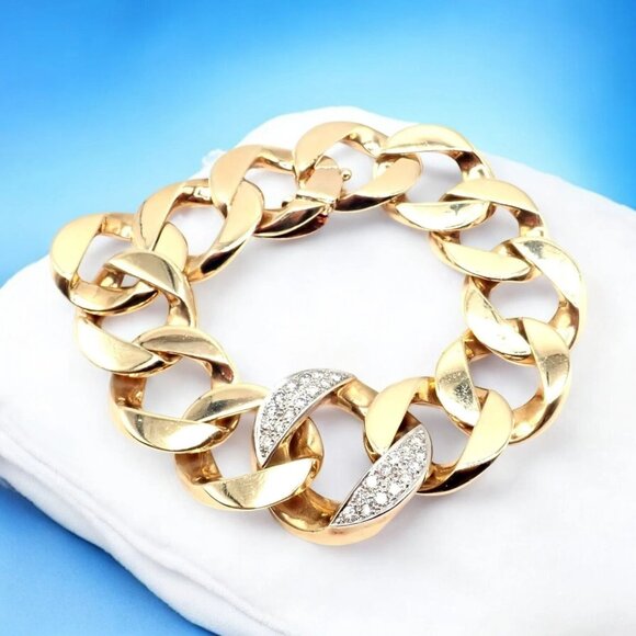Rare Vintage Tiffany & Co 14k Yellow Gold Diamond Large Heavy Curb Link Bracelet - Picture 2 of 15